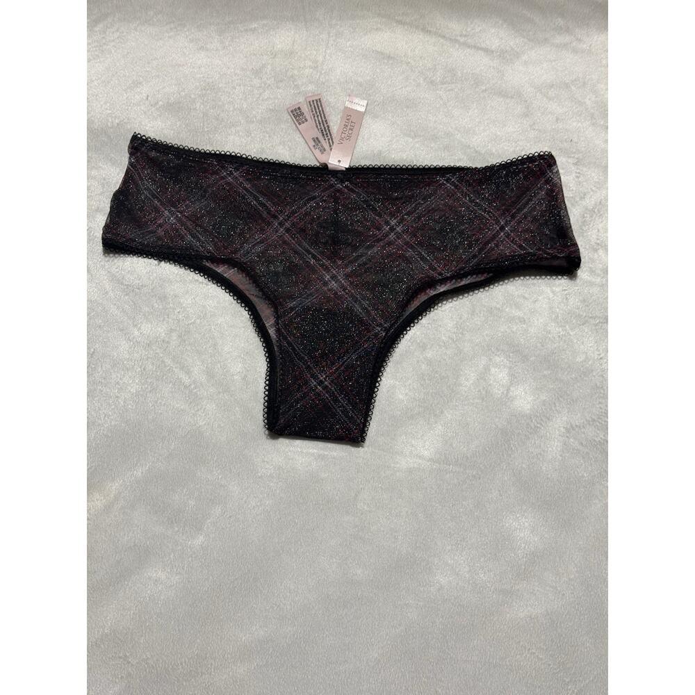 NWT Victoria's Secret Black Red Plaid Sparkle Sheer Mesh Panties - Size M